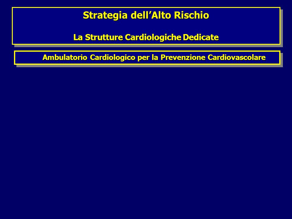 Strategia dellAlto Rischio La Strutture Cardiologiche Dedicate Strategia dellAlto Rischio La Strutture Cardiologiche Dedicate Ambulatorio Cardiologico per la Prevenzione Cardiovascolare Ambulatorio Cardiologico per la Prevenzione Cardiovascolare