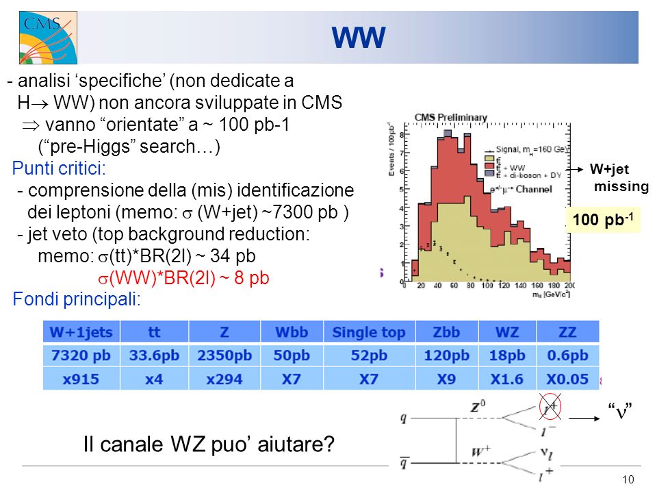 10 WW 100 pb -1 - analisi specifiche (non dedicate a H WW) non ancora sviluppate in CMS vanno orientate a ~ 100 pb-1 (pre-Higgs search…) Punti critici: - comprensione della (mis) identificazione dei leptoni (memo: (W+jet) ~7300 pb ) - jet veto (top background reduction: memo: (tt)*BR(2l) ~ 34 pb (WW)*BR(2l) ~ 8 pb W+jet missing Il canale WZ puo aiutare.