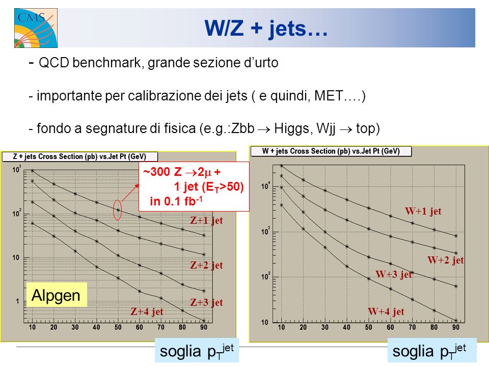 6 W/Z + jets… Z+1 jet Z+2 jet Z+3 jet Z+4 jetW+4 jet W+3 jet W+2 jet W+1 jet - QCD benchmark, grande sezione durto - importante per calibrazione dei jets ( e quindi, MET….) - fondo a segnature di fisica (e.g.:Zbb Higgs, Wjj top) soglia p T jet ~300 Z jet (E T >50) in 0.1 fb -1 Alpgen