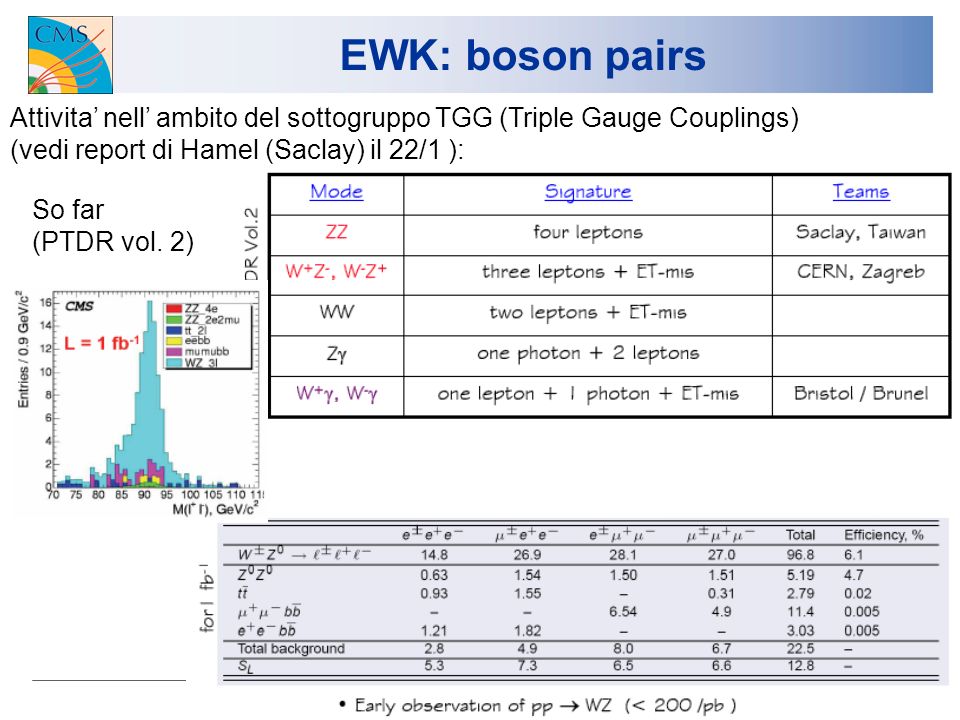 6 EWK: boson pairs Attivita nell ambito del sottogruppo TGG (Triple Gauge Couplings) (vedi report di Hamel (Saclay) il 22/1 ): So far (PTDR vol.