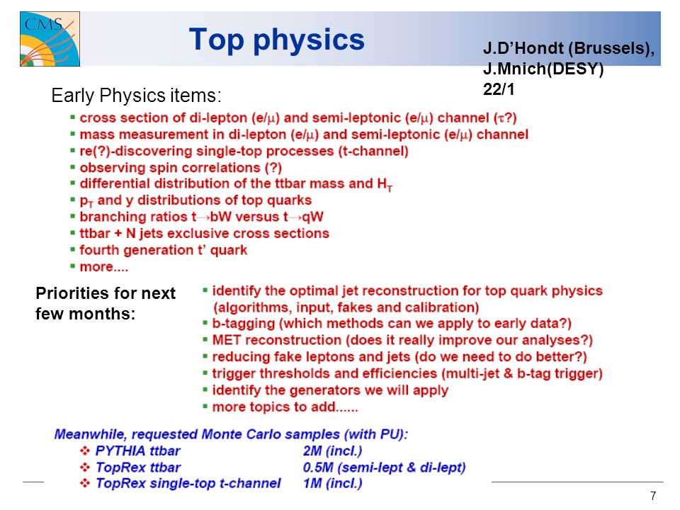 7 Top physics J.DHondt (Brussels), J.Mnich(DESY) 22/1 Early Physics items: Priorities for next few months: