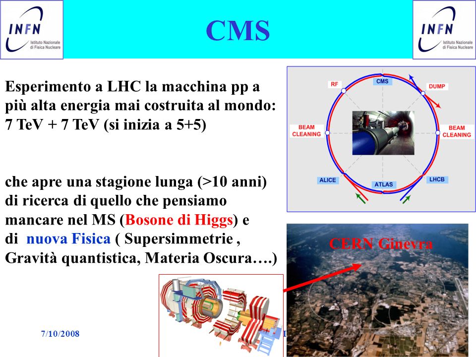 7/10/2008Paolo Checchia riunione CMS Pd1 CMS Esperimento a LHC la macchina pp a più alta energia mai costruita al mondo: 7 TeV + 7 TeV (si inizia a 5+5) che apre una stagione lunga (>10 anni) di ricerca di quello che pensiamo mancare nel MS (Bosone di Higgs) e di nuova Fisica ( Supersimmetrie, Gravità quantistica, Materia Oscura….) CERN Ginevra