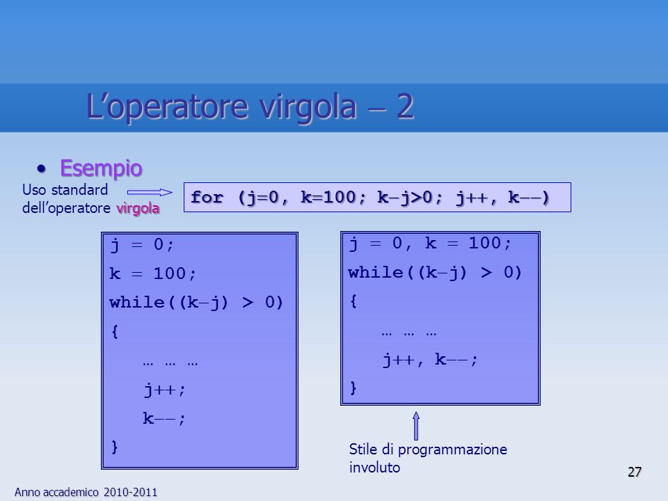 Anno accademico EsempioEsempio for (j 0, k 100; k j>0; j, k ) j 0, k 100; while((k j) > 0) { … … … j, k ; } j 0; k 100; while((k j) > 0) { … … … j ; k ; } Stile di programmazione involuto virgola Uso standard delloperatore virgola 27 Loperatore virgola 2