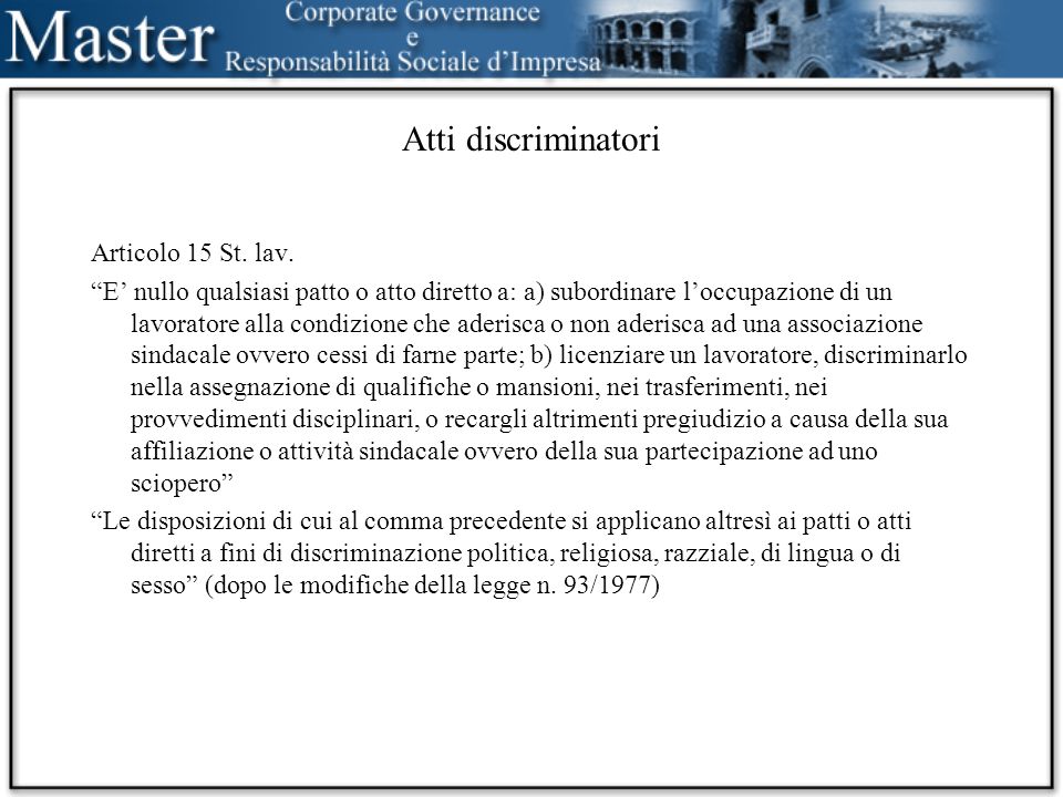 Atti discriminatori Articolo 15 St. lav.