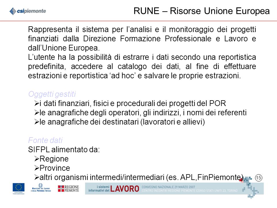 15 RUNE – Risorse Unione Europea Rappresenta il sistema per lanalisi e il monitoraggio dei progetti finanziati dalla Direzione Formazione Professionale e Lavoro e dallUnione Europea.