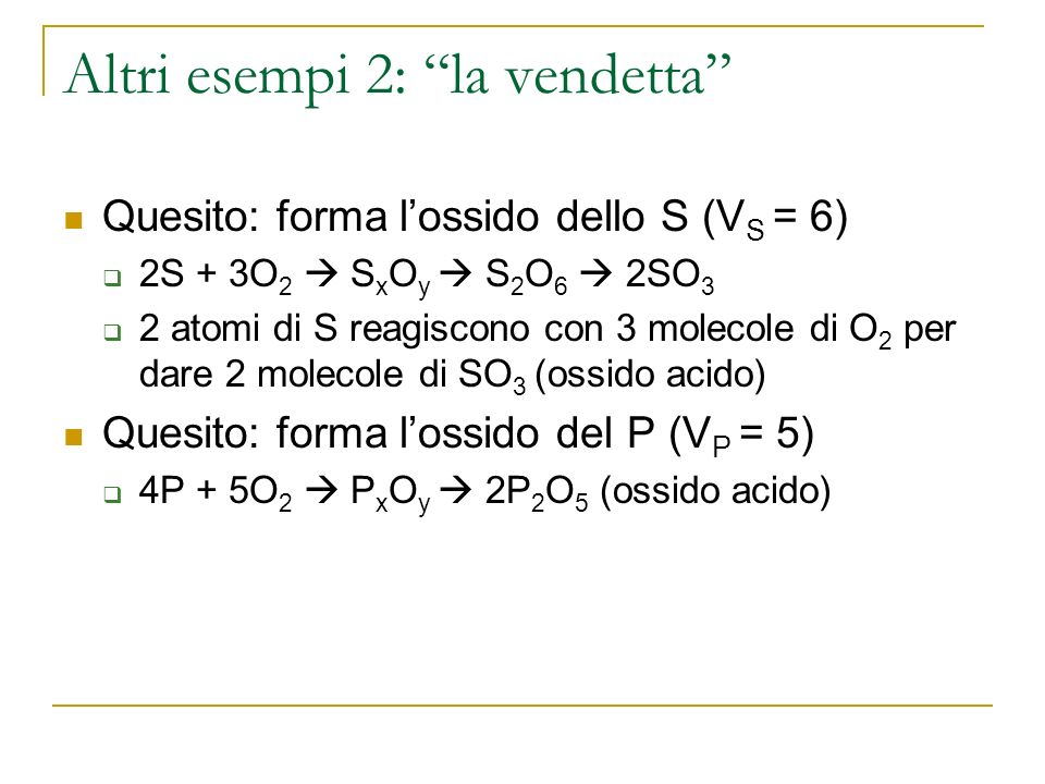 Altri esempi 2: la vendetta Quesito: forma lossido dello S (V S = 6) 2S + 3O 2 S x O y S 2 O 6 2SO 3 2 atomi di S reagiscono con 3 molecole di O 2 per dare 2 molecole di SO 3 (ossido acido) Quesito: forma lossido del P (V P = 5) 4P + 5O 2 P x O y 2P 2 O 5 (ossido acido)