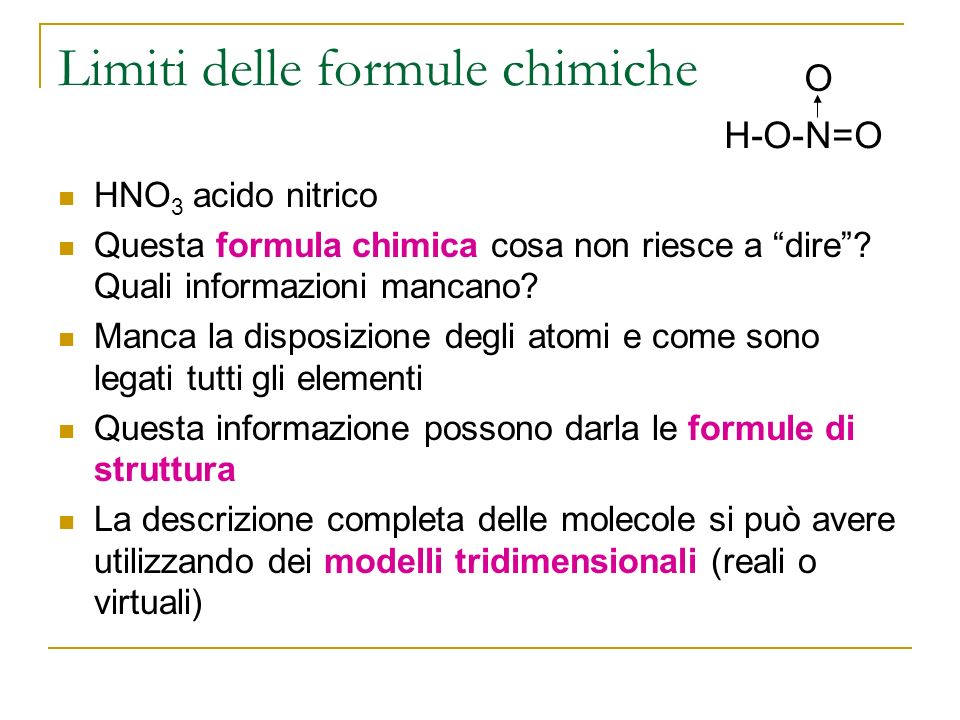 Limiti delle formule chimiche HNO 3 acido nitrico Questa formula chimica cosa non riesce a dire.
