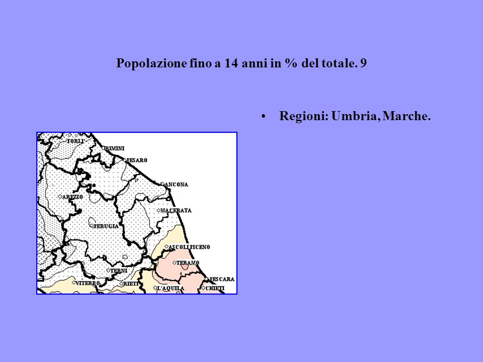 Popolazione fino a 14 anni in % del totale. 9 Regioni: Umbria, Marche.