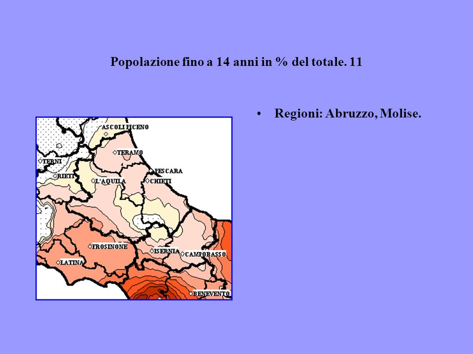 Popolazione fino a 14 anni in % del totale. 11 Regioni: Abruzzo, Molise.