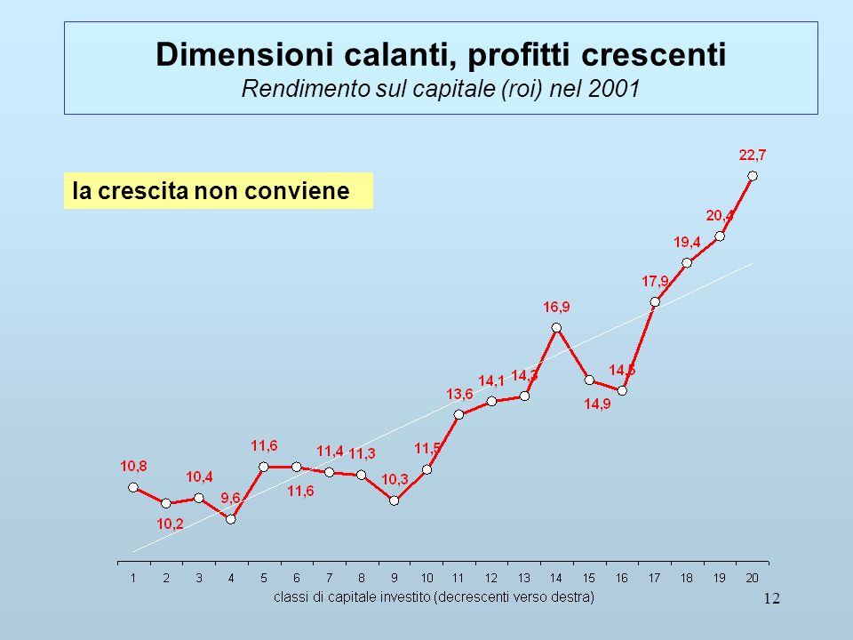 12 Dimensioni calanti, profitti crescenti Rendimento sul capitale (roi) nel 2001 la crescita non conviene