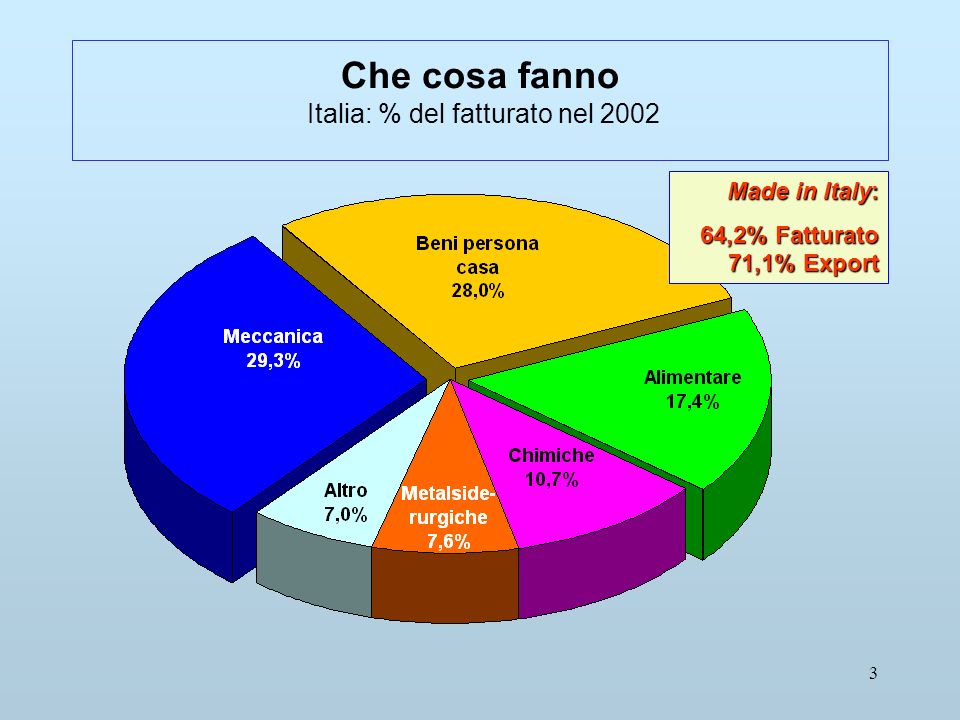 3 Che cosa fanno Italia: % del fatturato nel 2002 Made in Italy: 64,2% Fatturato 71,1% Export
