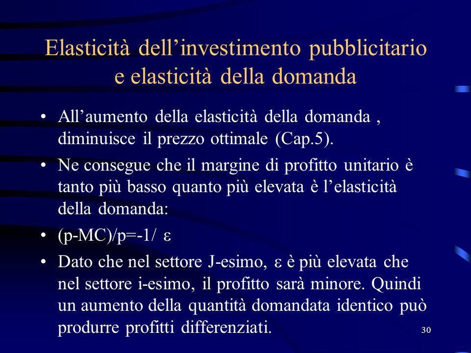 30 Elasticità dellinvestimento pubblicitario e elasticità della domanda Allaumento della elasticità della domanda, diminuisce il prezzo ottimale (Cap.5).