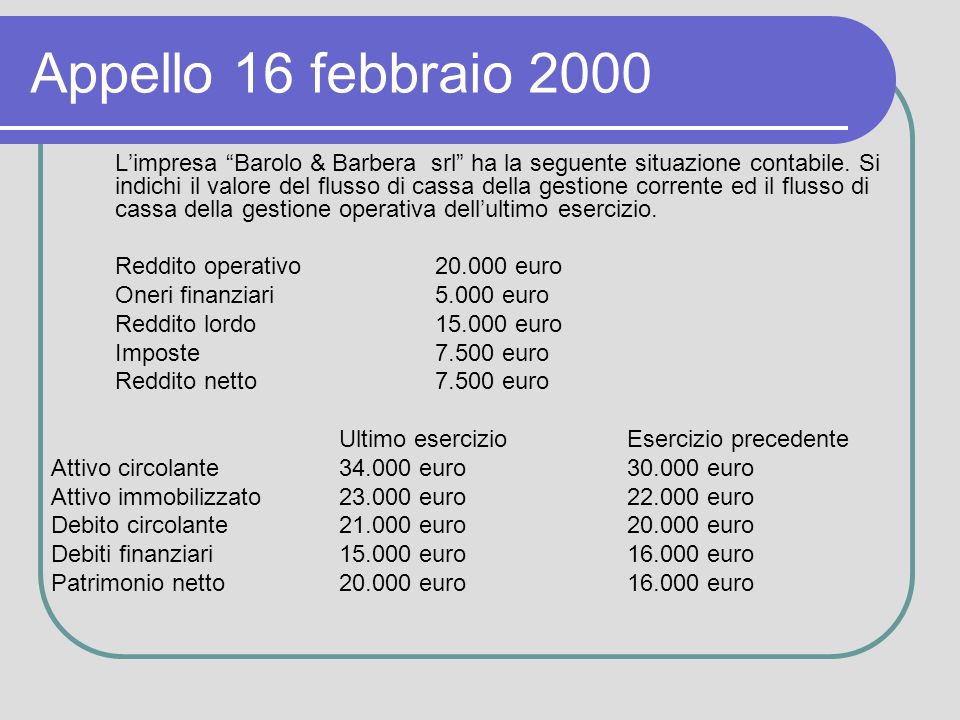 Appello 16 febbraio 2000 Limpresa Barolo & Barbera srl ha la seguente situazione contabile.