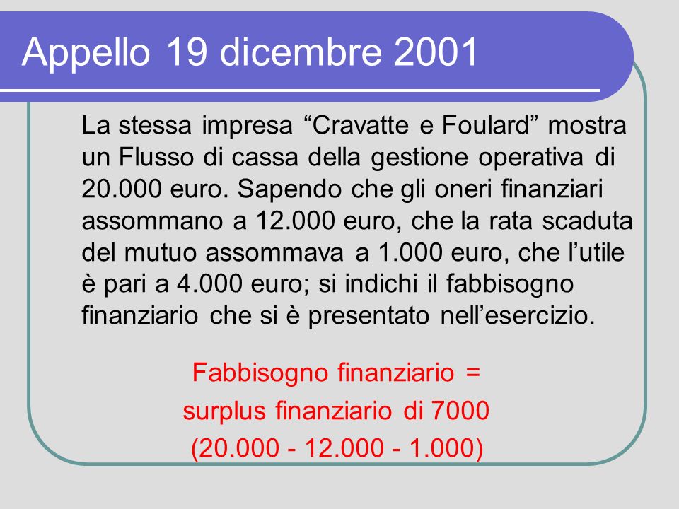 Appello 19 dicembre 2001 La stessa impresa Cravatte e Foulard mostra un Flusso di cassa della gestione operativa di euro.