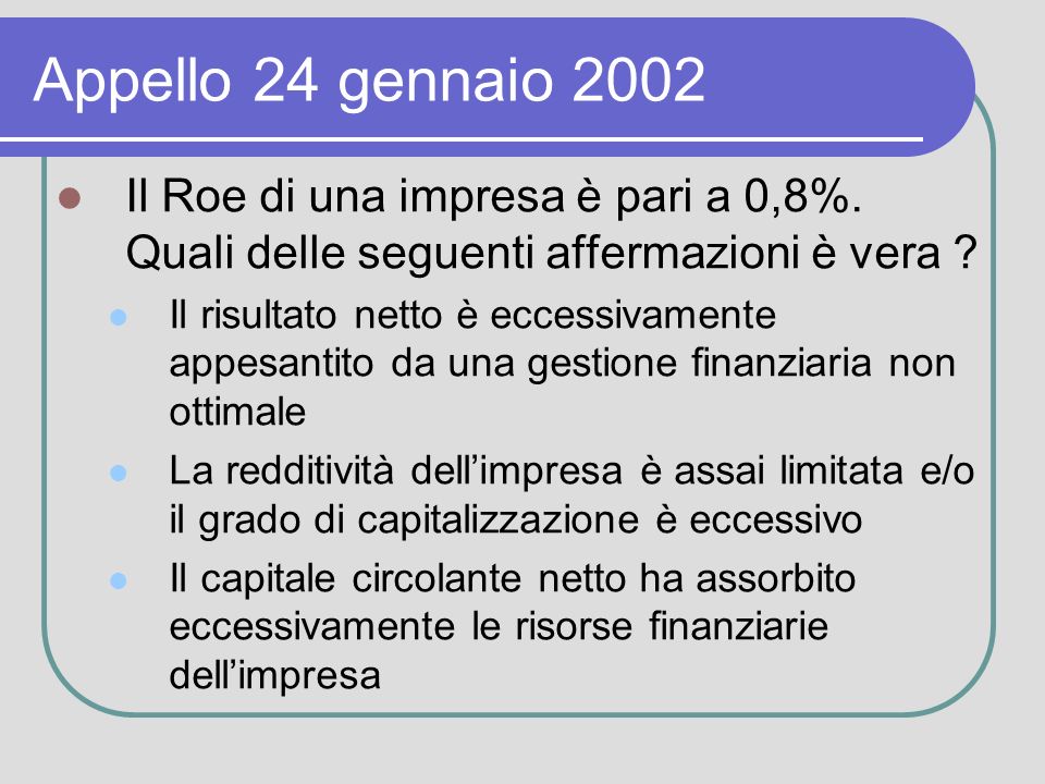 Appello 24 gennaio 2002 Il Roe di una impresa è pari a 0,8%.