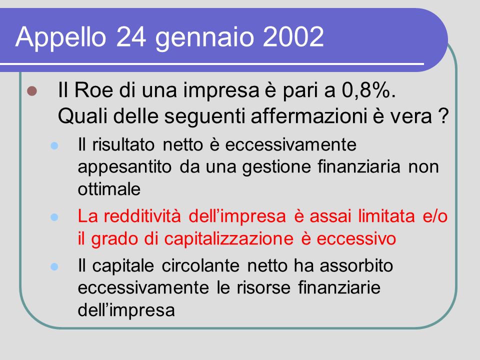 Appello 24 gennaio 2002 Il Roe di una impresa è pari a 0,8%.