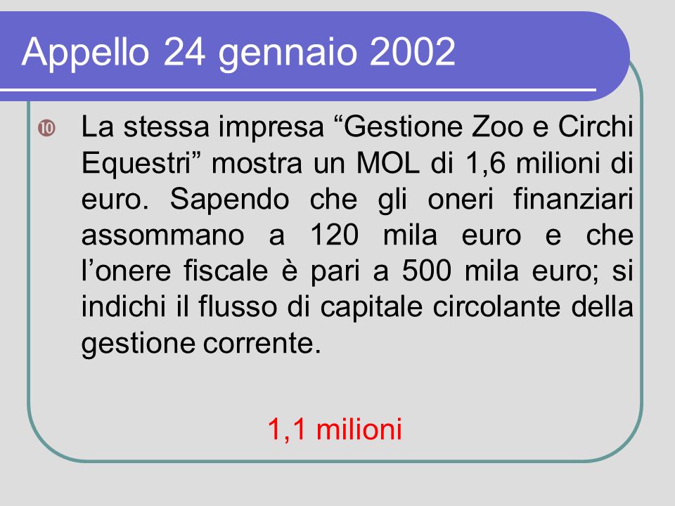 Appello 24 gennaio 2002 La stessa impresa Gestione Zoo e Circhi Equestri mostra un MOL di 1,6 milioni di euro.