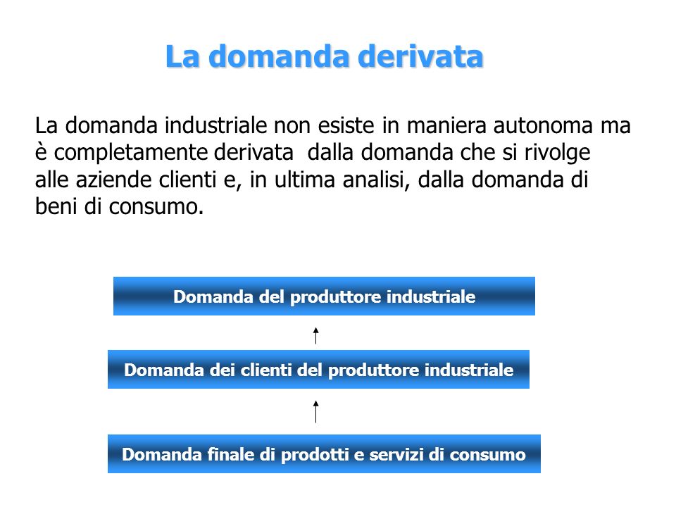 La domanda derivata La domanda industriale non esiste in maniera autonoma ma è completamente derivata dalla domanda che si rivolge alle aziende clienti e, in ultima analisi, dalla domanda di beni di consumo.