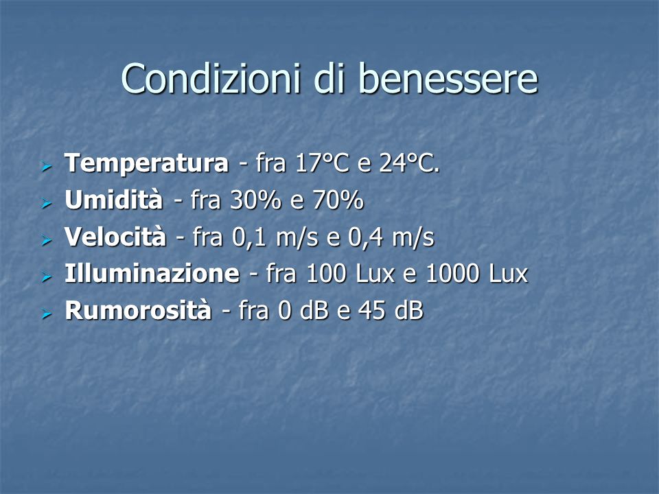 Condizioni di benessere Temperatura - fra 17°C e 24°C.