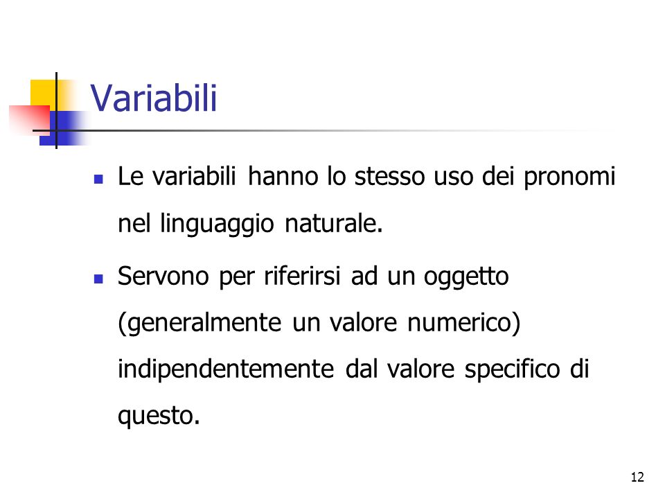 12 Variabili Le variabili hanno lo stesso uso dei pronomi nel linguaggio naturale.