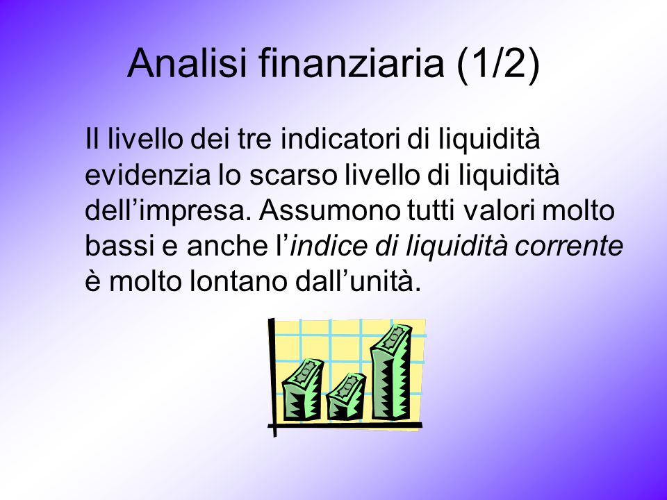 Analisi finanziaria (1/2) Il livello dei tre indicatori di liquidità evidenzia lo scarso livello di liquidità dellimpresa.