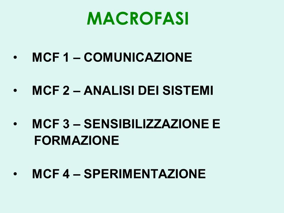 MACROFASI MCF 1 – COMUNICAZIONE MCF 2 – ANALISI DEI SISTEMI MCF 3 – SENSIBILIZZAZIONE E FORMAZIONE MCF 4 – SPERIMENTAZIONE
