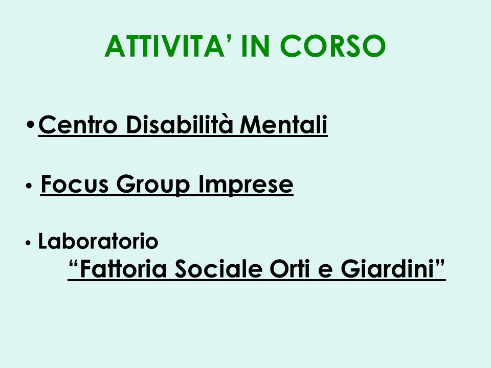 ATTIVITA IN CORSO Centro Disabilità Mentali Focus Group Imprese Laboratorio Fattoria Sociale Orti e Giardini