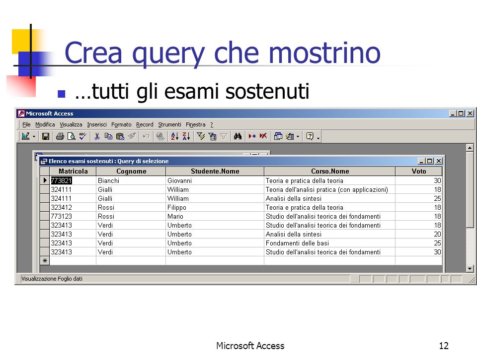 Microsoft Access12 Crea query che mostrino …tutti gli esami sostenuti