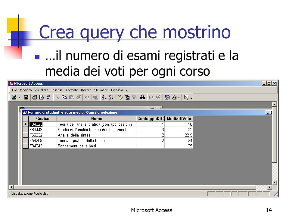 Microsoft Access14 Crea query che mostrino …il numero di esami registrati e la media dei voti per ogni corso