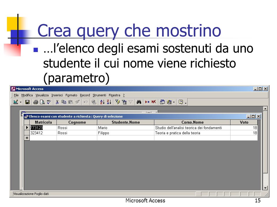 Microsoft Access15 Crea query che mostrino …lelenco degli esami sostenuti da uno studente il cui nome viene richiesto (parametro)