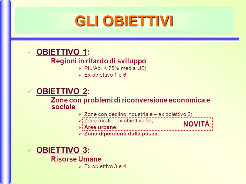 GLI OBIETTIVI OBIETTIVO 1: Regioni in ritardo di sviluppo PIL/Ab.