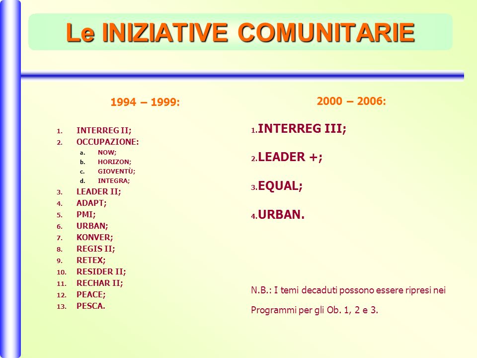 Le INIZIATIVE COMUNITARIE 1994 – 1999: 1. INTERREG II; 2.