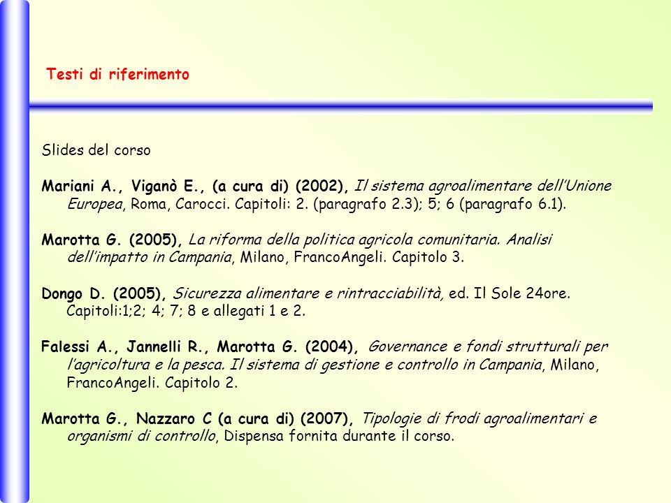 Slides del corso Mariani A., Viganò E., (a cura di) (2002), Il sistema agroalimentare dellUnione Europea, Roma, Carocci.