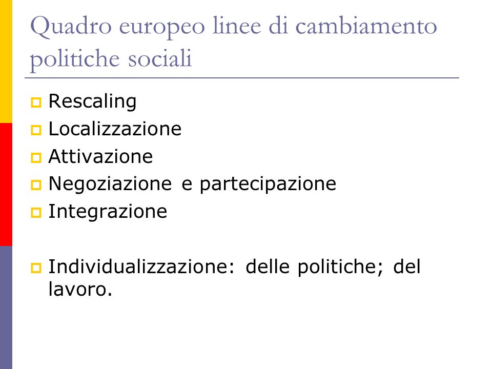 Quadro europeo linee di cambiamento politiche sociali Rescaling Localizzazione Attivazione Negoziazione e partecipazione Integrazione Individualizzazione: delle politiche; del lavoro.
