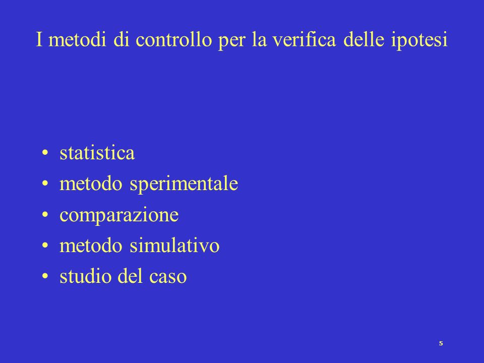 5 I metodi di controllo per la verifica delle ipotesi statistica metodo sperimentale comparazione metodo simulativo studio del caso