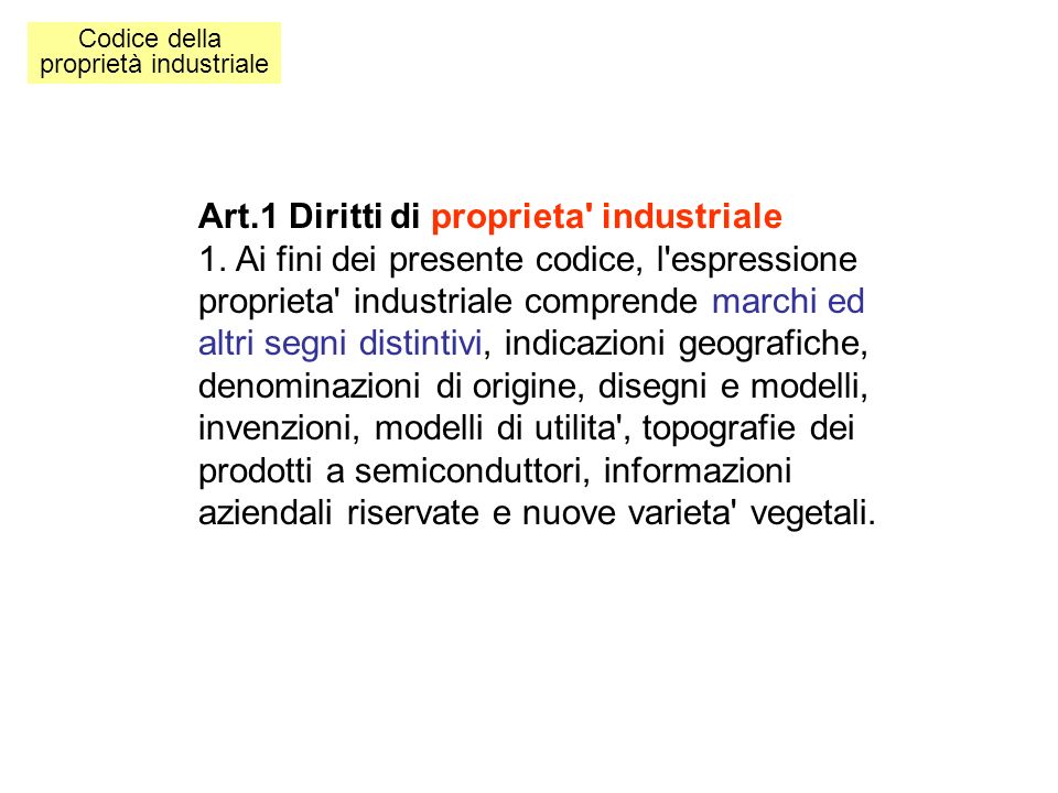 Codice della proprietà industriale Art.1 Diritti di proprieta industriale 1.