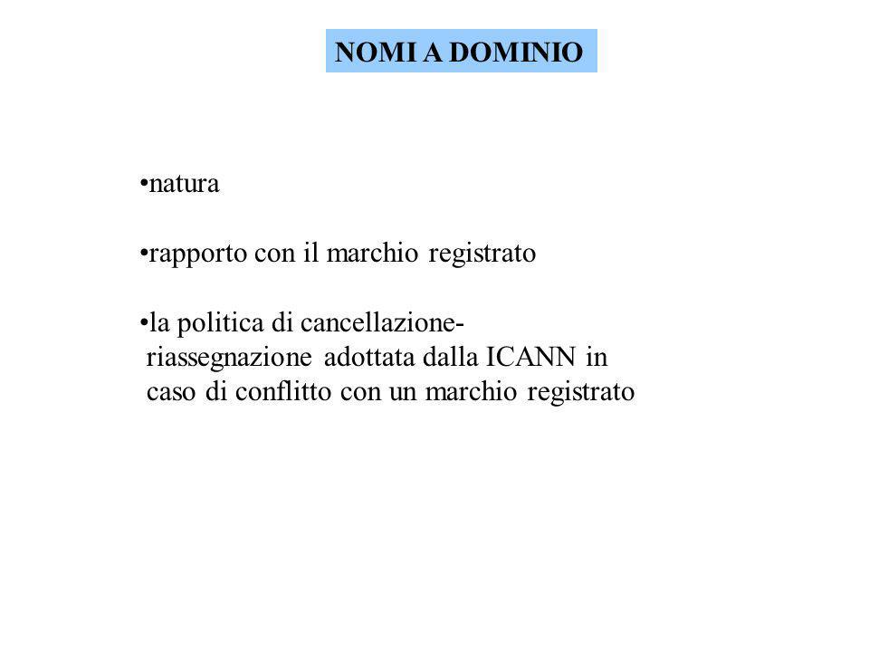 NOMI A DOMINIO natura rapporto con il marchio registrato la politica di cancellazione- riassegnazione adottata dalla ICANN in caso di conflitto con un marchio registrato