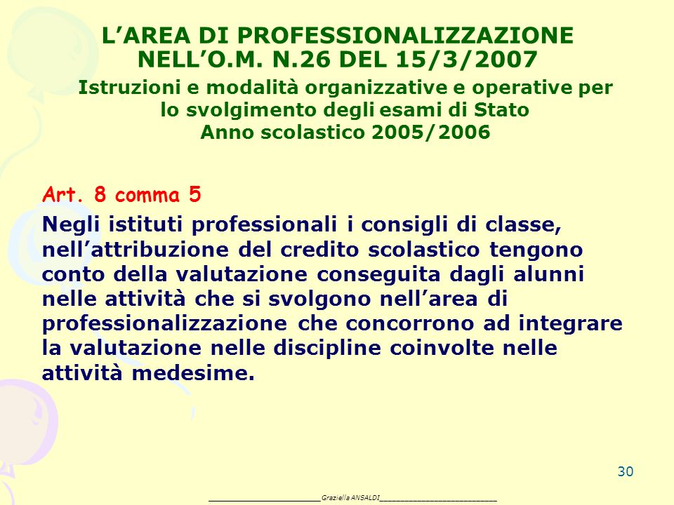 30 LAREA DI PROFESSIONALIZZAZIONE NELLO.M. N.26 DEL 15/3/2007 Art.