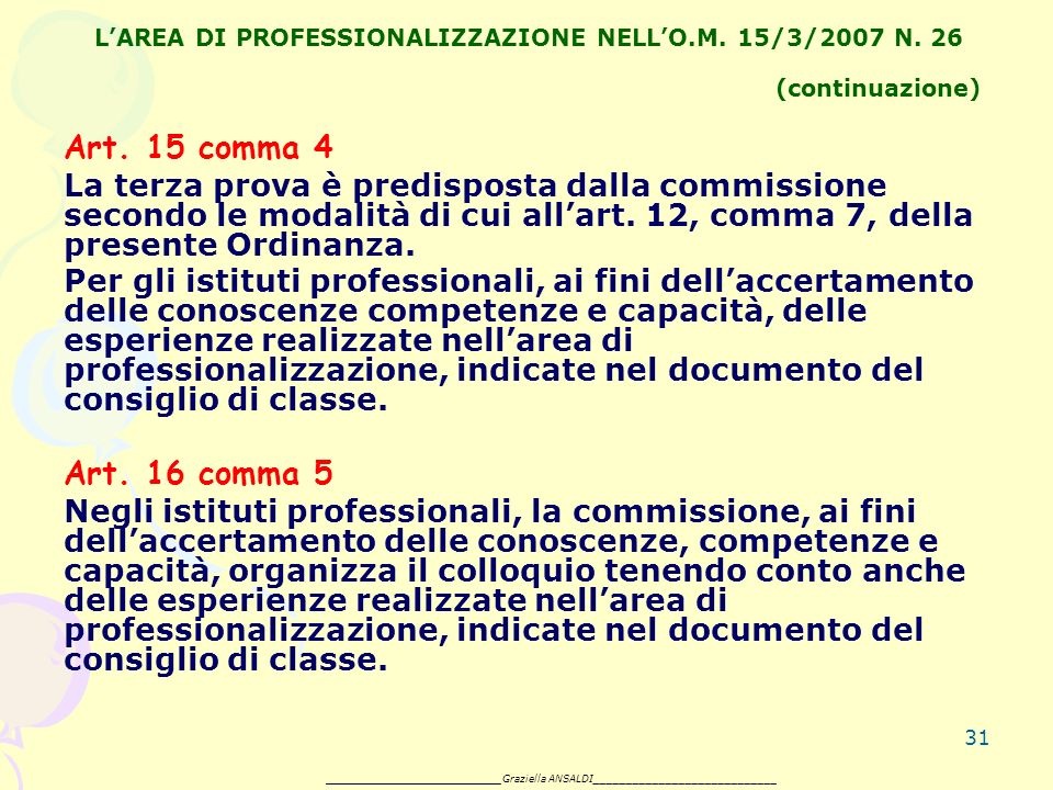 31 LAREA DI PROFESSIONALIZZAZIONE NELLO.M. 15/3/2007 N.