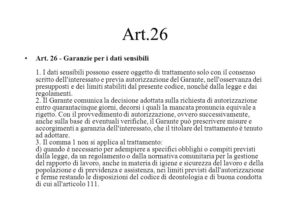 Art.26 Art Garanzie per i dati sensibili 1.