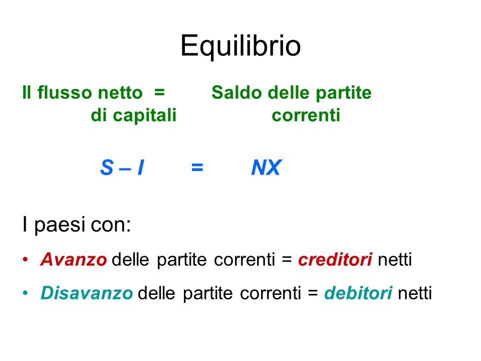 Equilibrio Il flusso netto = Saldo delle partite di capitali correnti S – I = NX I paesi con: Avanzo delle partite correnti = creditori netti Disavanzo delle partite correnti = debitori netti