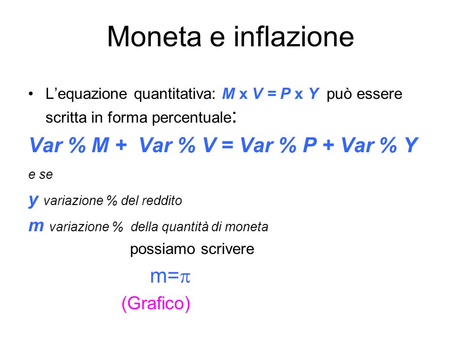 Moneta e inflazione Lequazione quantitativa: M x V = P x Y può essere scritta in forma percentuale : Var % M + Var % V = Var % P + Var % Y e se y variazione % del reddito m variazione % della quantità di moneta possiamo scrivere m= (Grafico)