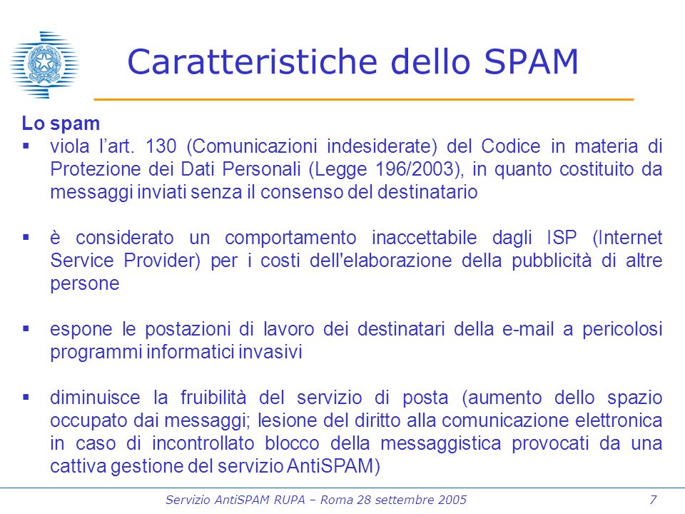 Servizio AntiSPAM RUPA – Roma 28 settembre Lo spam viola lart.