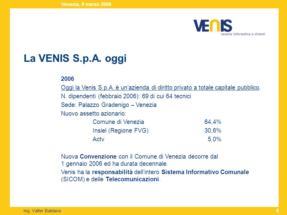 La VENIS S.p.A. oggi Ing. Valter Baldassi Venezia, 8 marzo Oggi la Venis S.p.A.
