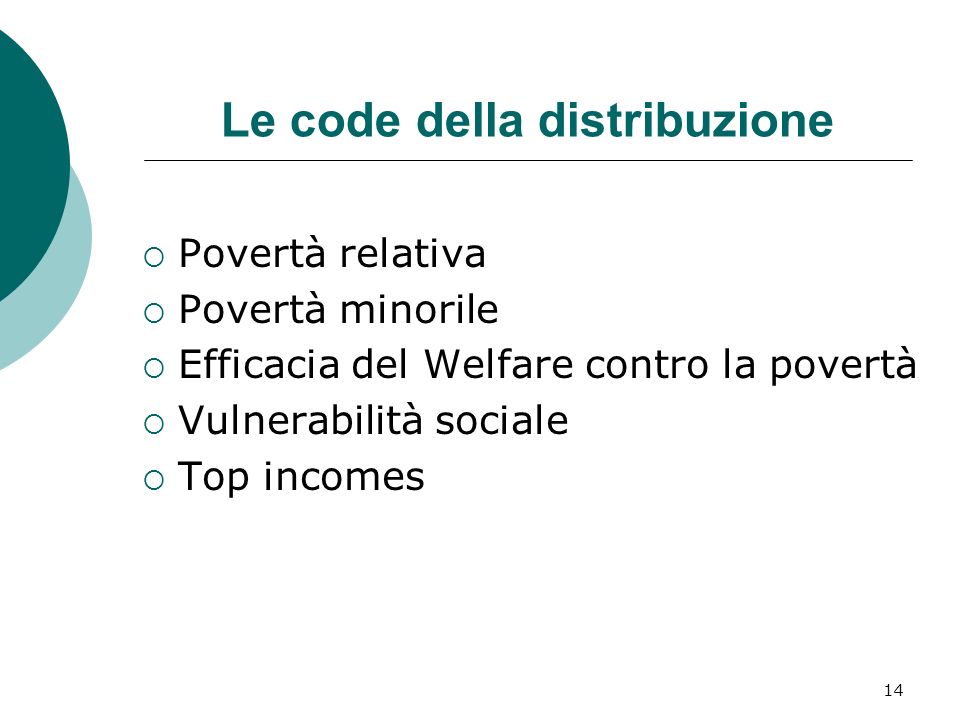14 Le code della distribuzione Povertà relativa Povertà minorile Efficacia del Welfare contro la povertà Vulnerabilità sociale Top incomes