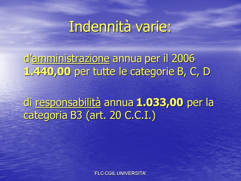 FLC CGIL UNIVERSITA Indennità varie: damministrazione annua per il ,00 per tutte le categorie B, C, D di responsabilità annua 1.033,00 per la categoria B3 (art.