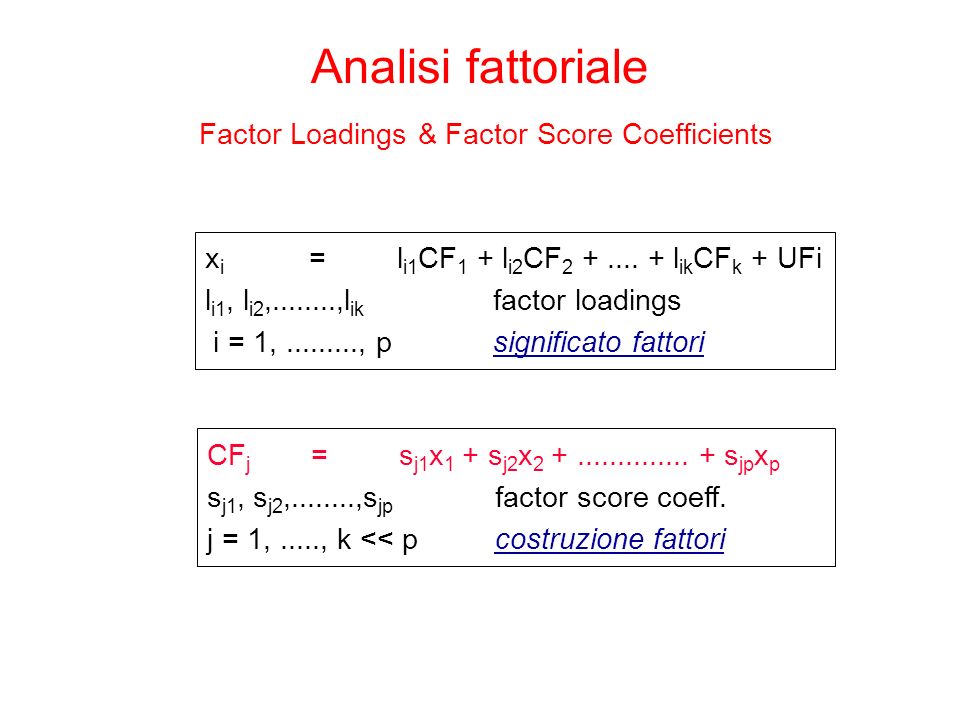 Analisi fattoriale Factor Loadings & Factor Score Coefficients x i = l i1 CF 1 + l i2 CF