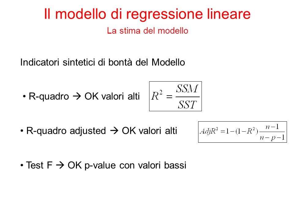 Indicatori sintetici di bontà del Modello R-quadro adjusted OK valori alti R-quadro OK valori alti Il modello di regressione lineare La stima del modello Test F OK p-value con valori bassi