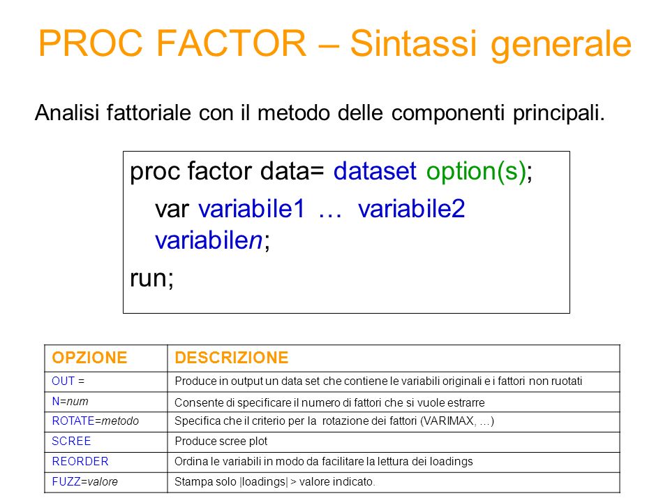 PROC FACTOR – Sintassi generale proc factor data= dataset option(s); var variabile1 … variabile2 variabilen; run; Analisi fattoriale con il metodo delle componenti principali.