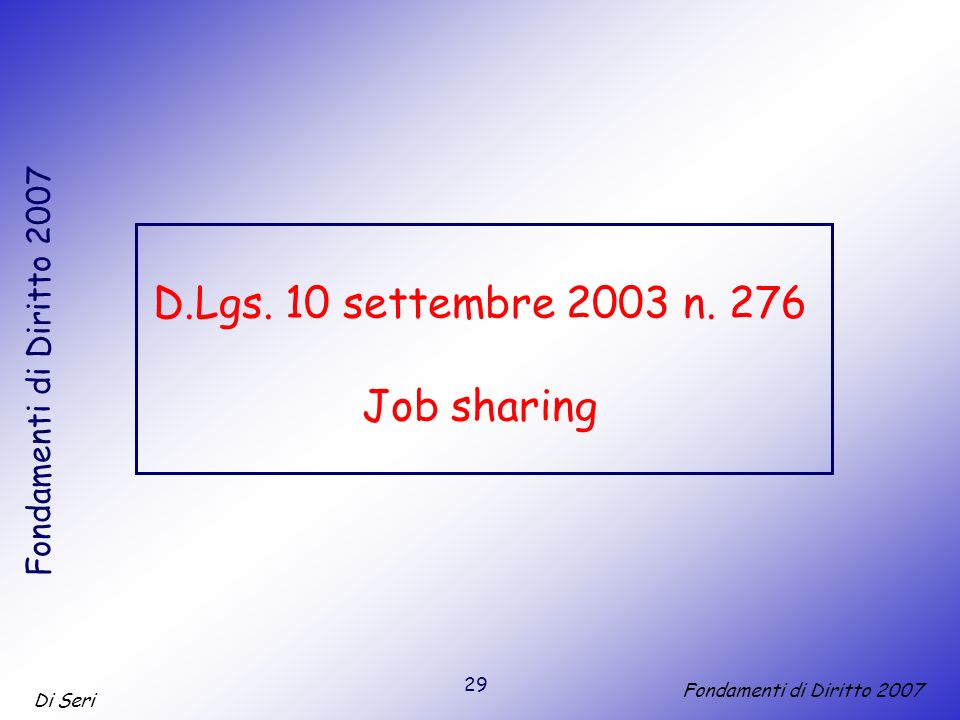 29 Di Seri Fondamenti di Diritto 2007 D.Lgs. 10 settembre 2003 n. 276 Job sharing